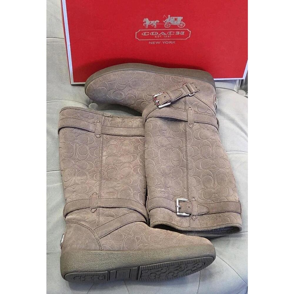 COACH Thelma Feather Gray Suede Signature Logo Tall Boots Womens Shoes 7.5 $348